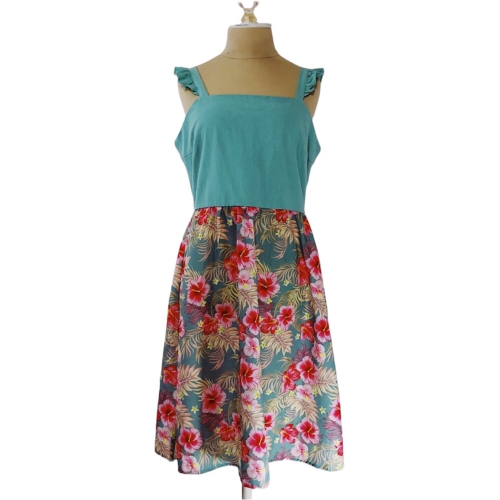NWT PatPat Midi Turquoise Hawaiian Floral Flutter Sleeve Tank Dress Size L - Picture 8 of 8